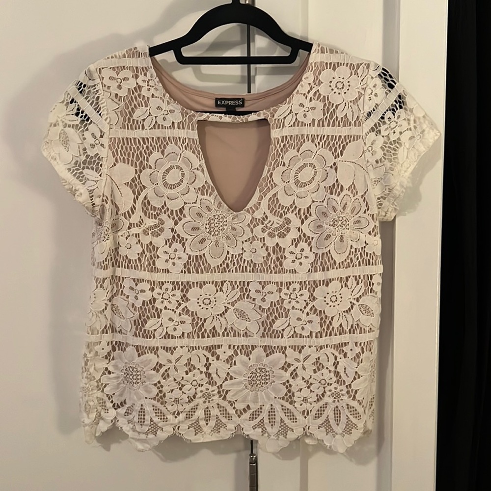 Express White Lace Top with Chest Cut Out and Nude Underlay — Size: S